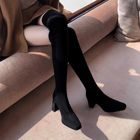 Stretchy Over-the-knee Chunky-heeled Boots For Fall And Winter