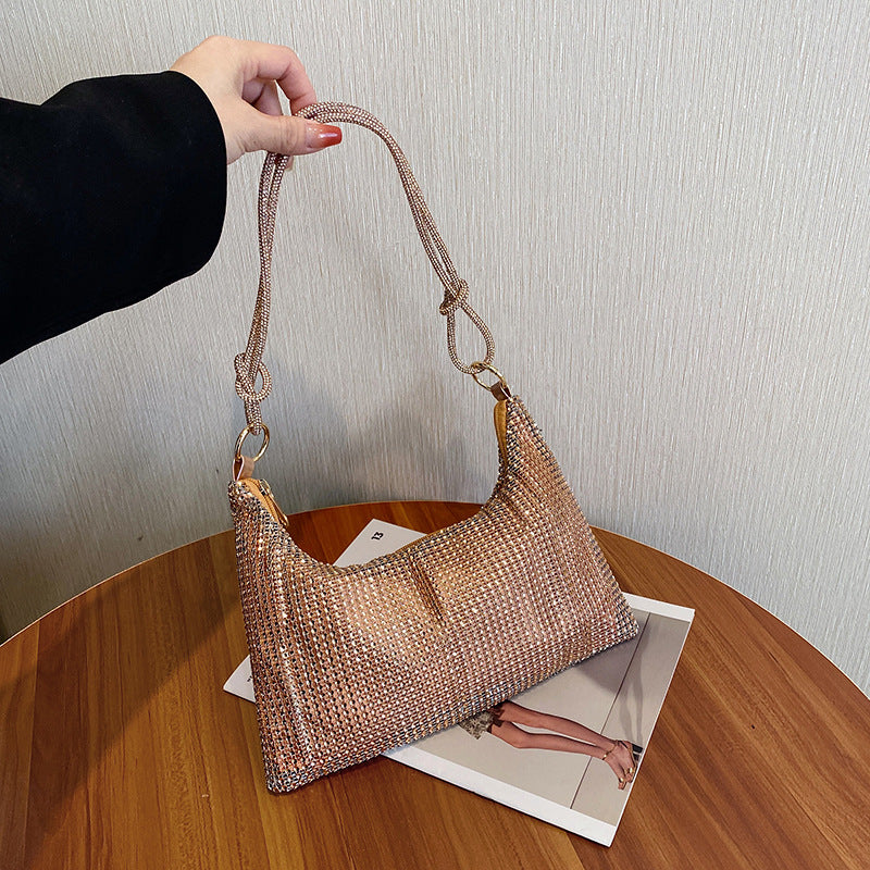 Women's Solid-Color Shiny Faux Rhinestone Zipper-Knotted Shoulder Bag