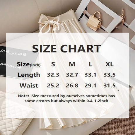 Women's Solid Color Satin Midi Skirt With Bow Detail, Elegant Pleated Skirt For Office And Vacation Wear