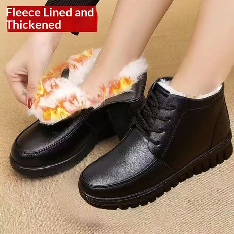Fleece-lined Extra-thick Warm Ankle Boots Mid- And Elderly Leather Boots With Flat Soles