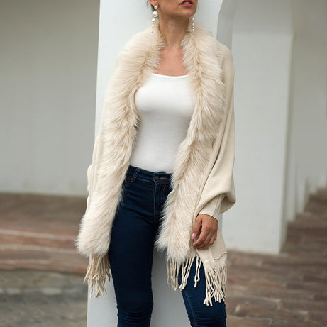 Women's Faux Fur Trim Cardigan Coat - Fringe Hem Layer Poncho For Fall & Winter