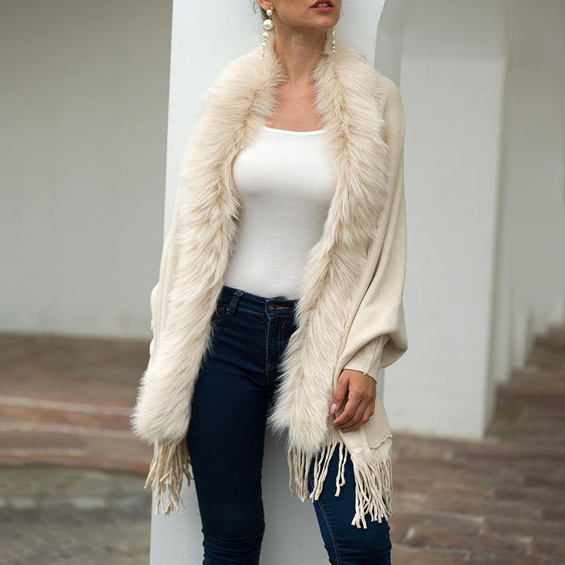 Women's Faux Fur Trim Cardigan Coat - Fringe Hem Layer Poncho For Fall & Winter