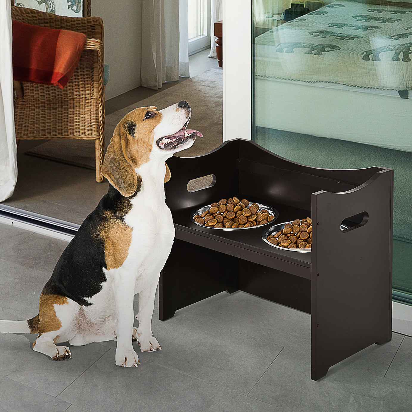 Raised Pet Food Elevated Feeder with 2 Stainless Steel Bowls, 3 Levels Adjustable Height Levels, and Wood Finish