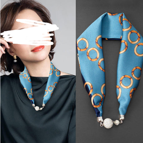 Magnetic Buckle Silk Women Scarf Pearl Necklace