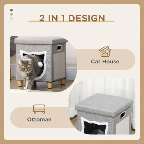 PawHut Cat House Cave, Cat Bed Cube With Scratching Pad, Soft Detachable & Washable Cushion, Toy Ball, For Indoor Kittens, Grey