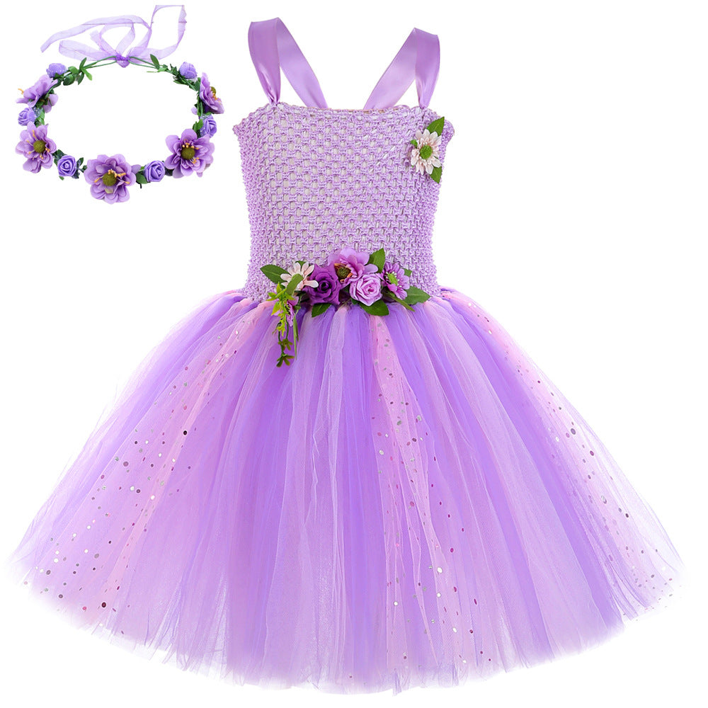 Purple Flower Fairy Elf Girls' Tulle Princess Children's Wings Fairy Role-Play Dress