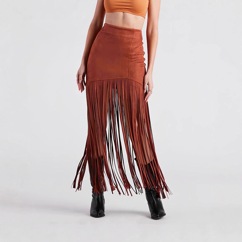 Women's Suede-Look Maxi Skirt With Fringe Hem, Western Bohemian Style Skirt For Spring And Summer