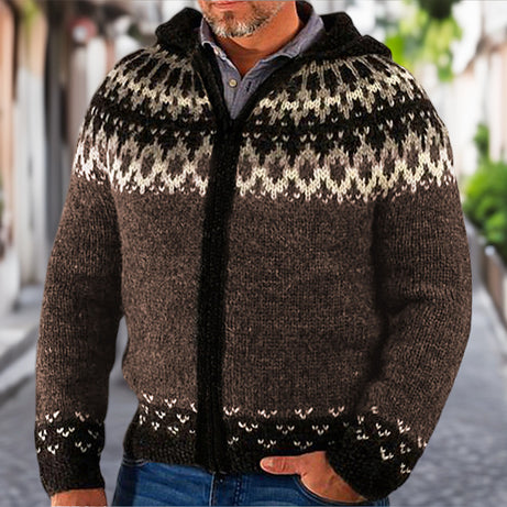 Men's Jacquard Knitted Hoodie With Long Sleeves And Zipper-front Cardigan Sweater
