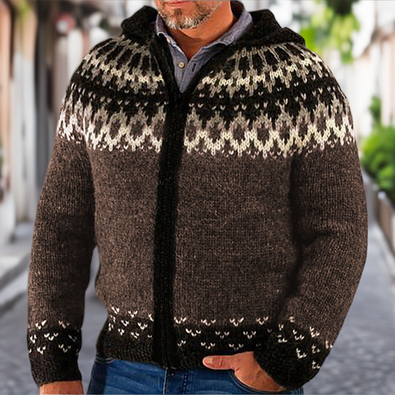 Men's Jacquard Knitted Hoodie With Long Sleeves And Zipper-front Cardigan Sweater