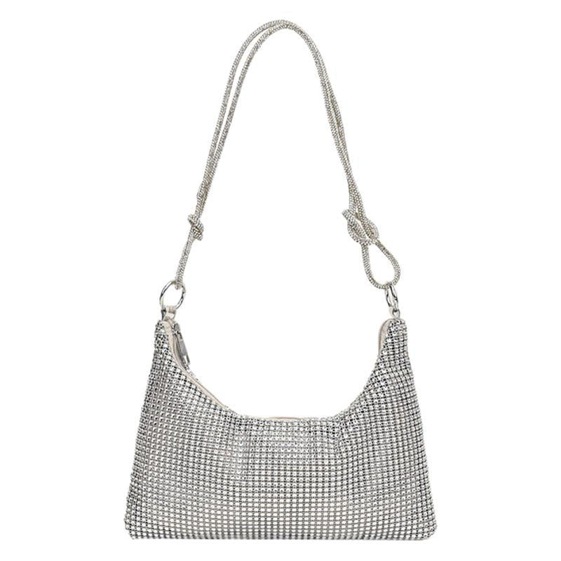 Women's Solid-Color Shiny Faux Rhinestone Zipper-Knotted Shoulder Bag