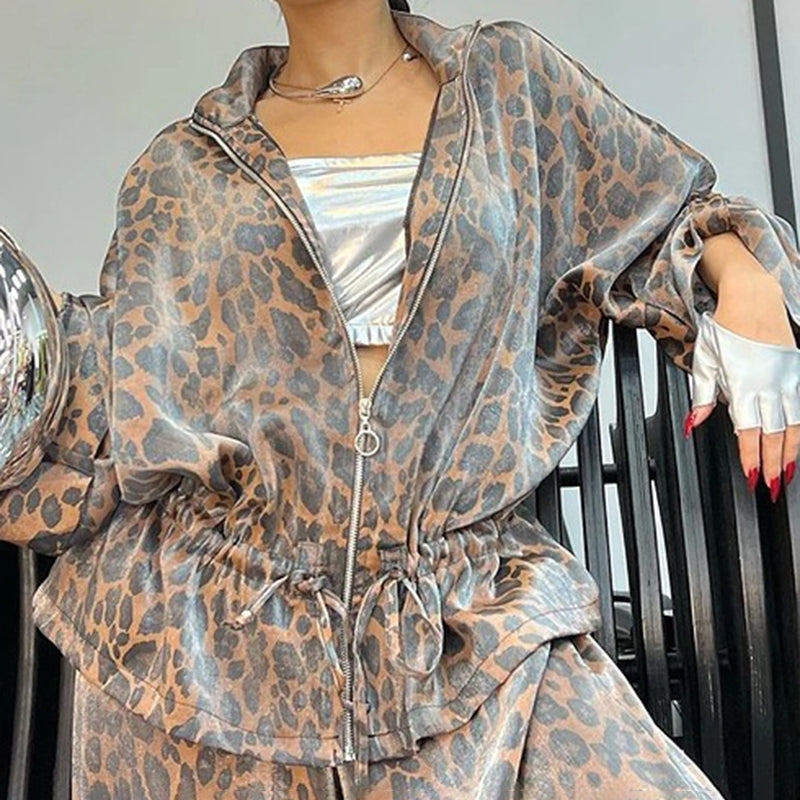 Women's Casual 2-Piece Set, Drawstring Leopard Print Zip-Up Top & Wide Leg Pants For Spring Fall