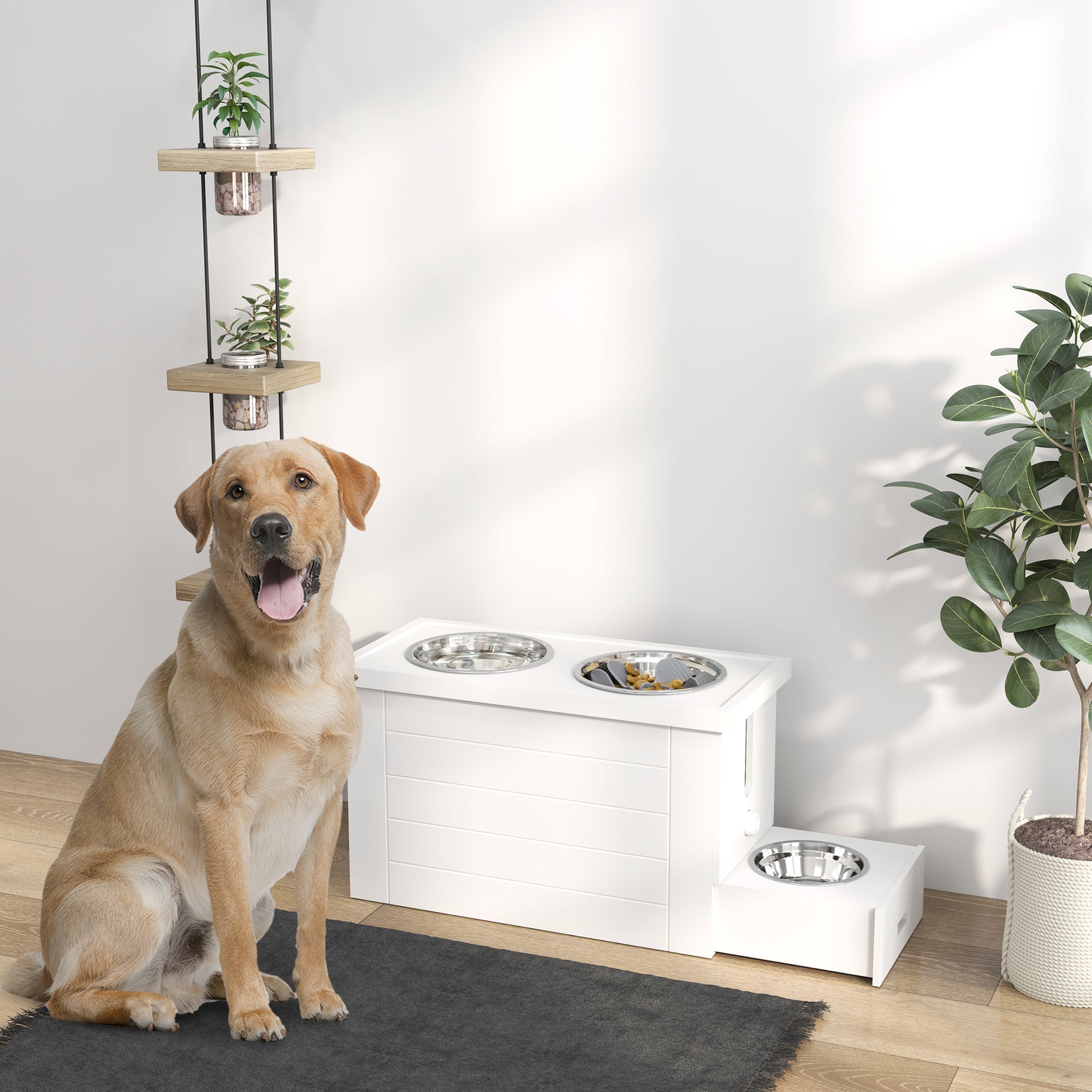 Elevated Dog Bowls with Slow Feeder Mat, Storage Cabinet, 3 Stainless Steel Bowls for Large & Extra Large Dogs, White