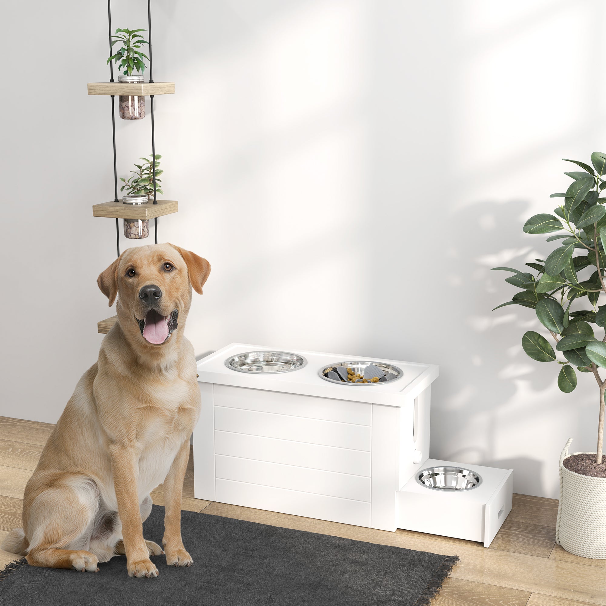 Elevated Dog Bowls with Slow Feeder Mat, Storage Cabinet, 3 Stainless Steel Bowls for Large & Extra Large Dogs, White