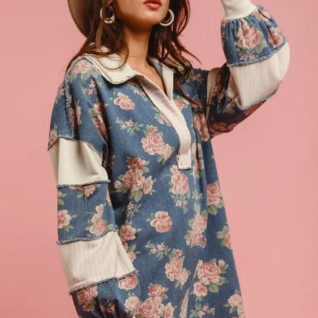 BiBi Washed Floral Denim Romper With Contrast Collar