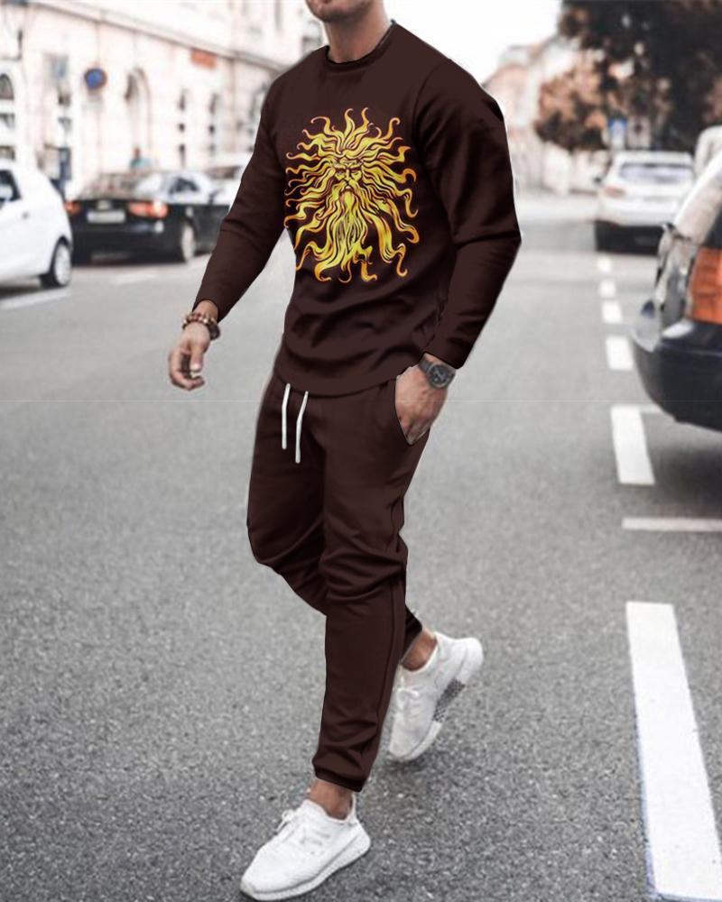 Long Sleeve Sports Two Piece Round Neck Casual Print Men's Sweater Suit Top