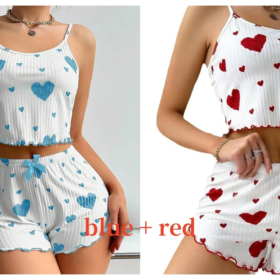 Women's Pajamas Set Sleepwear 2 PCS Short Tank Tops And Shorts S M L White Ventilate Soft Casual Love Printing