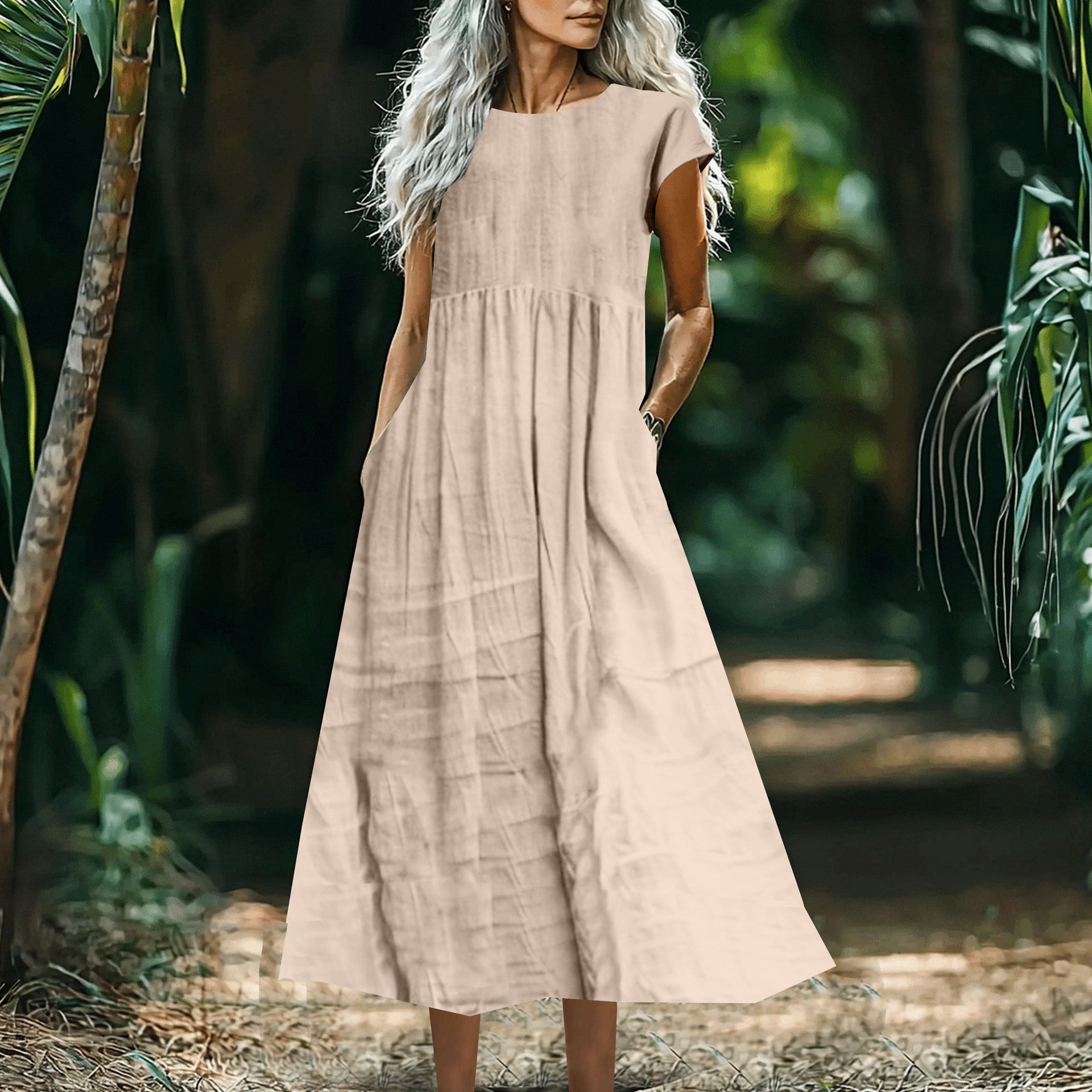 Women's Solid-Color Loose-Fitting All-Match Cotton-Linen Dress With Pockets