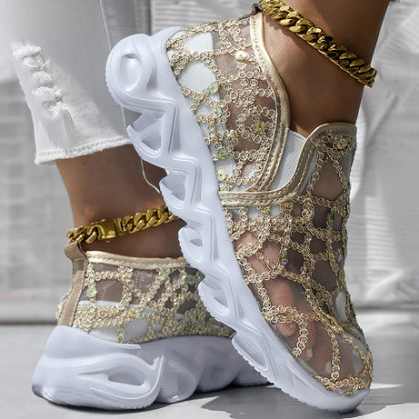 Contrast Glitter Transparent Mesh Patch Breathable Sneakers - Without Ankle Strap