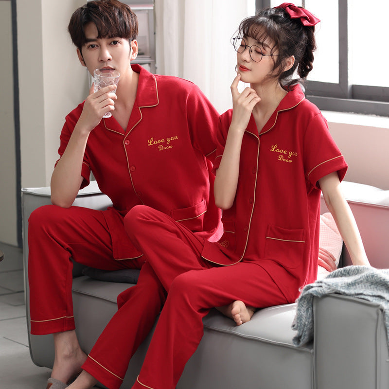 Couple Pajamas Men's Cotton Red Animal Year Trousers Short Sleeve Home Clothes Set