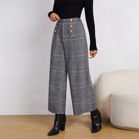 Women's Spring Fashion Plaid Wide-Leg Ninth Pants With Double-Breasted Decoration For Daily Office Wear