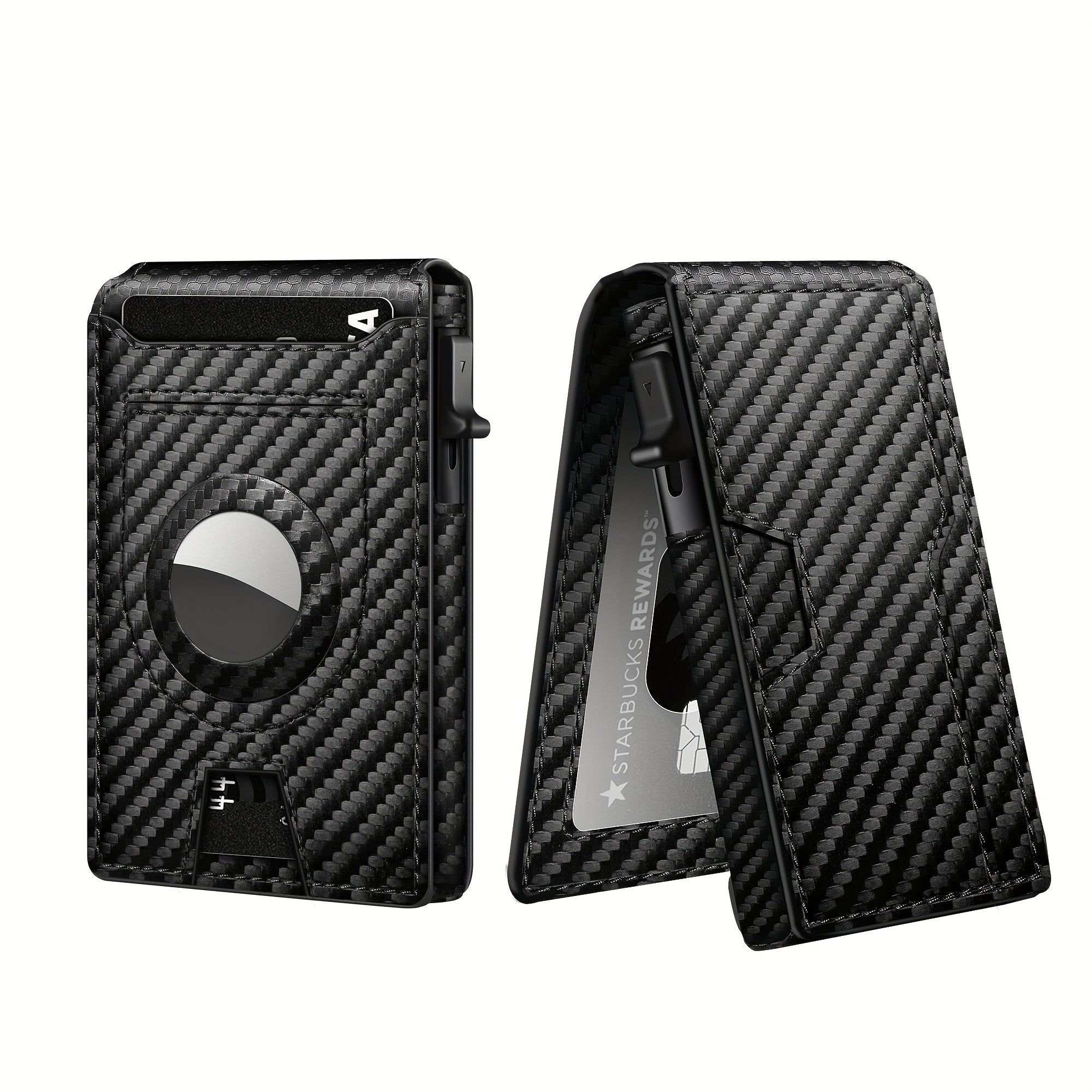 Men's Carbon Fiber RFID Blocking Bi-Fold Wallet With Pop-Up Aluminum Card Slot And AirTag Slot - Minimalist Black Credit Card Holder