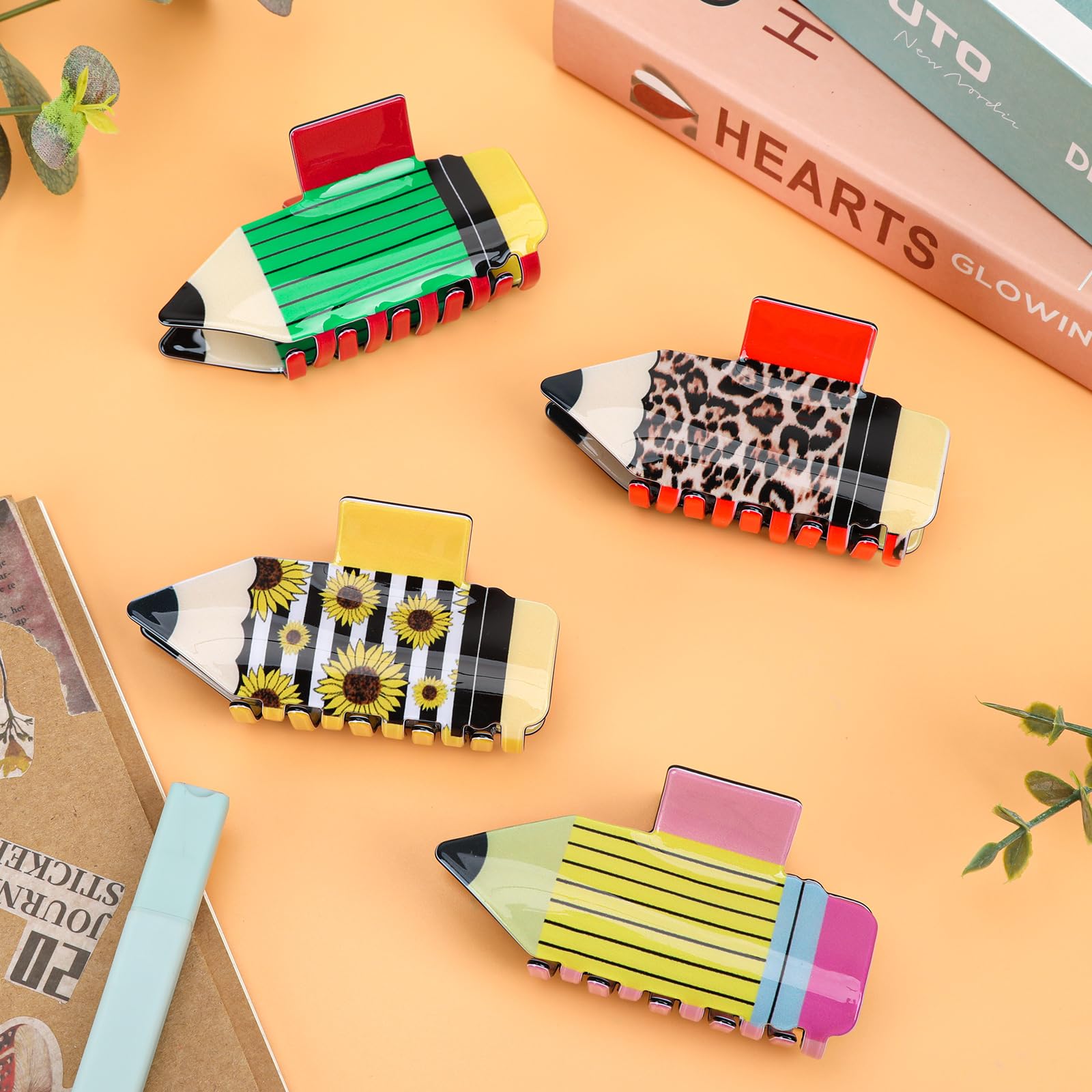 4Pcs Pencil Hair Clips Back To School Hair Accessories For Women Sunflower Leopard Stripe Hair Claw Clips Non Slip Hairpin For Thick Thin Hair School Opens Season Teachers Outfit Decor Clearance