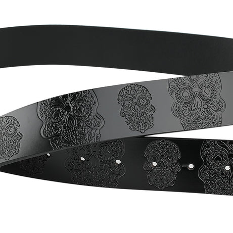 Leather Belt With Embossed Ghost Head Design And Smooth Skull Buckle