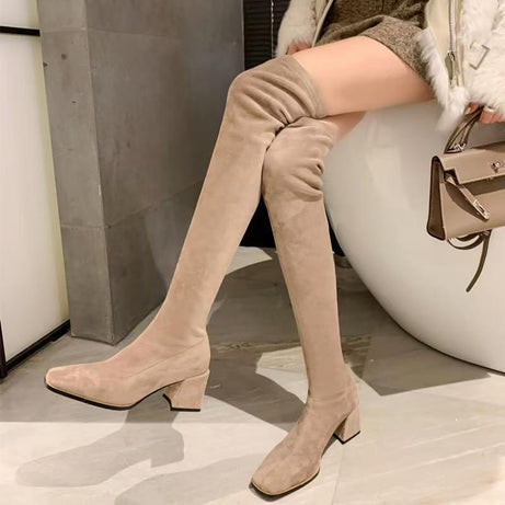 Stretchy Over-the-knee Chunky-heeled Boots For Fall And Winter