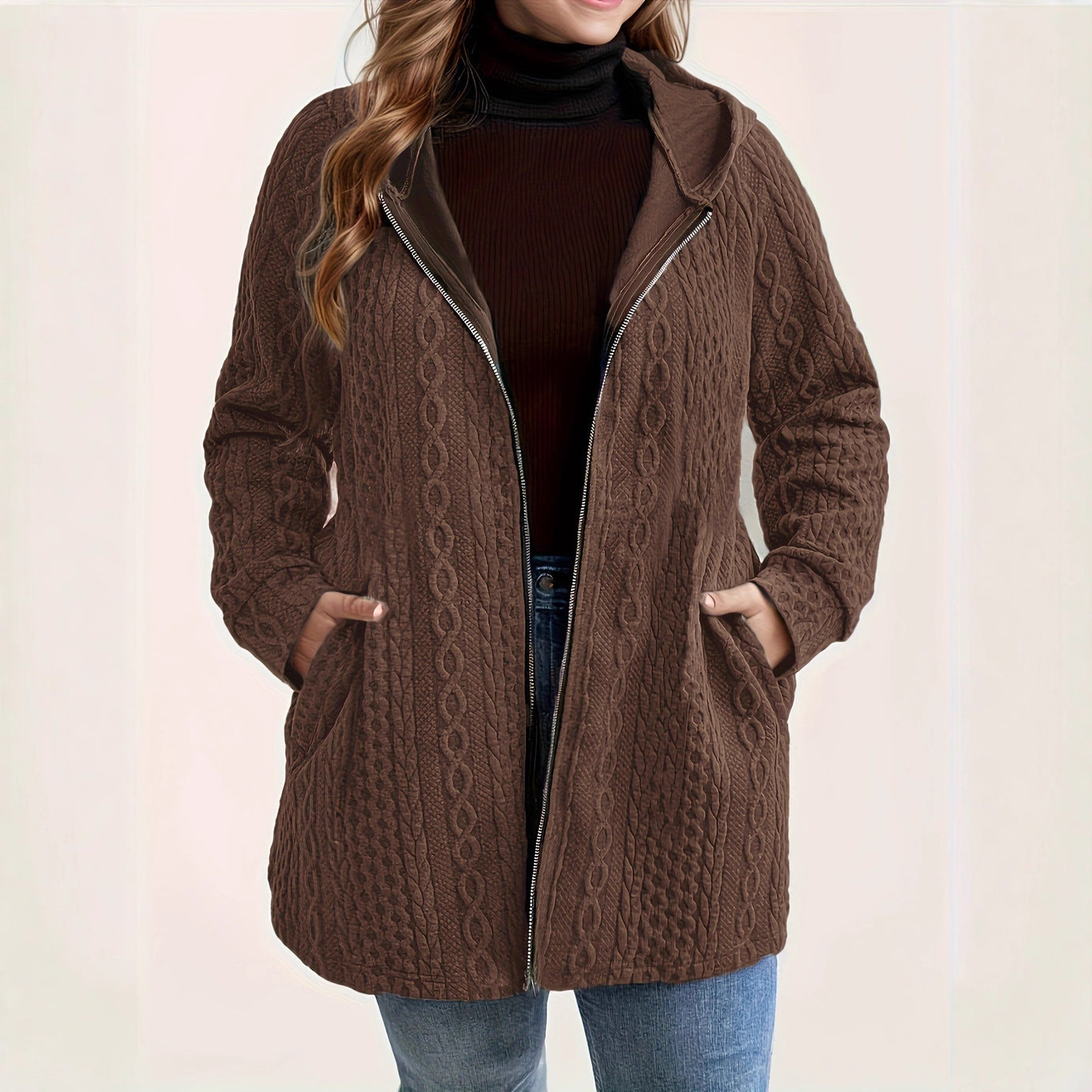 Women's Solid-Color Wavy-Pattern Patchwork Hooded Coat With Pockets