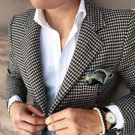 Mens Casual Houndstooth Blazer Coat