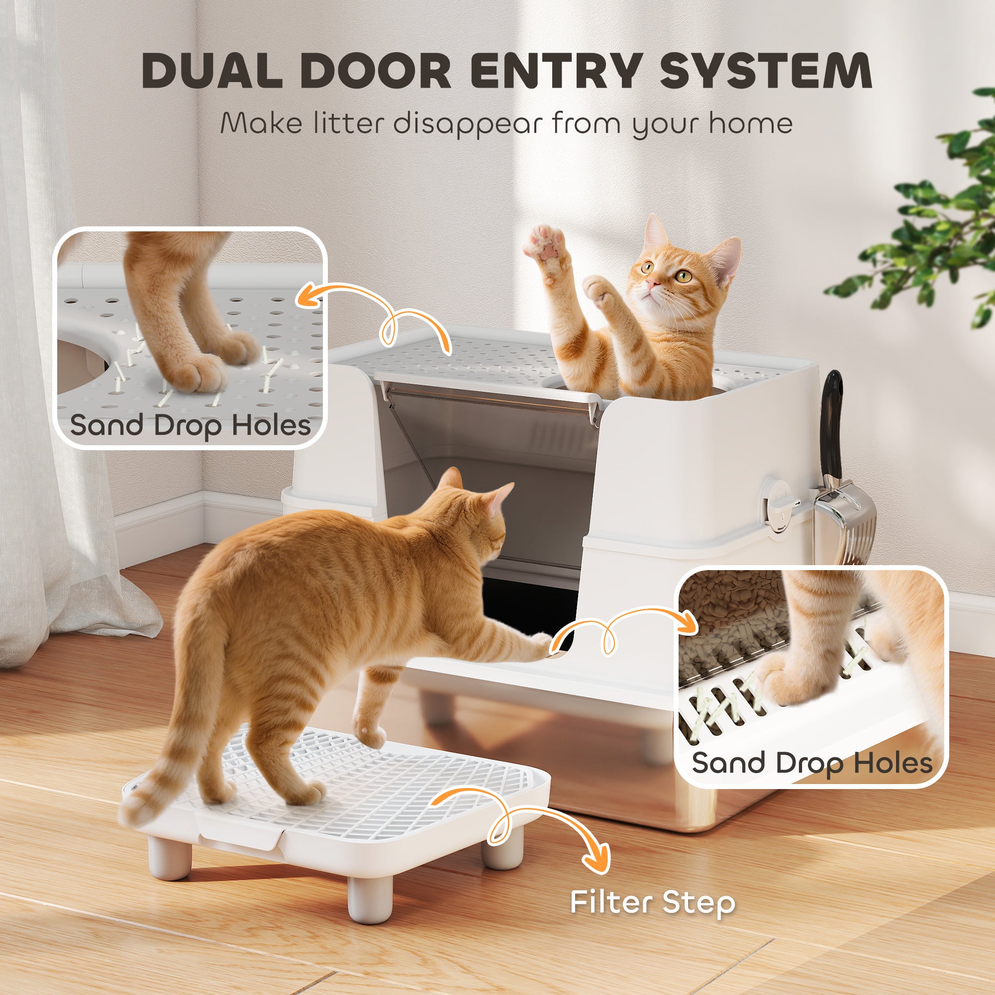 XL Stainless Steel Litter Box W  Flip Top, Scoop, Step, Top & Side Entry Enclosed Litter Box For Big Cats