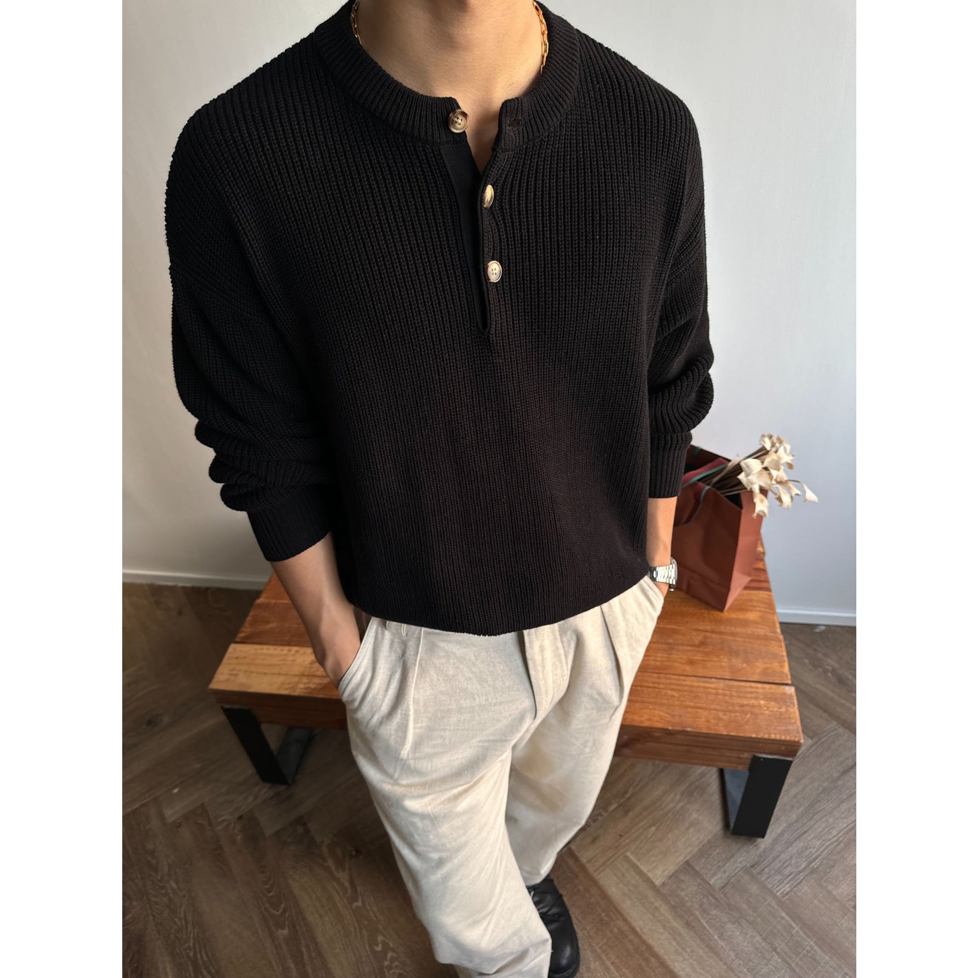 Mens Chunky Solid-Color Sweater For FallWinter