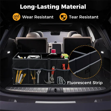 13 Gallon Car Trunk Organizer - 3 Compartments+6 Pockets, 600D Oxford Fabric, Non-Slip Base, Black