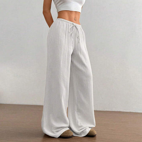 Plus Size Women's Solid Color High-Waisted Wide Leg Pants Drawstring Waist Casual Trousers For Spring And Autumn