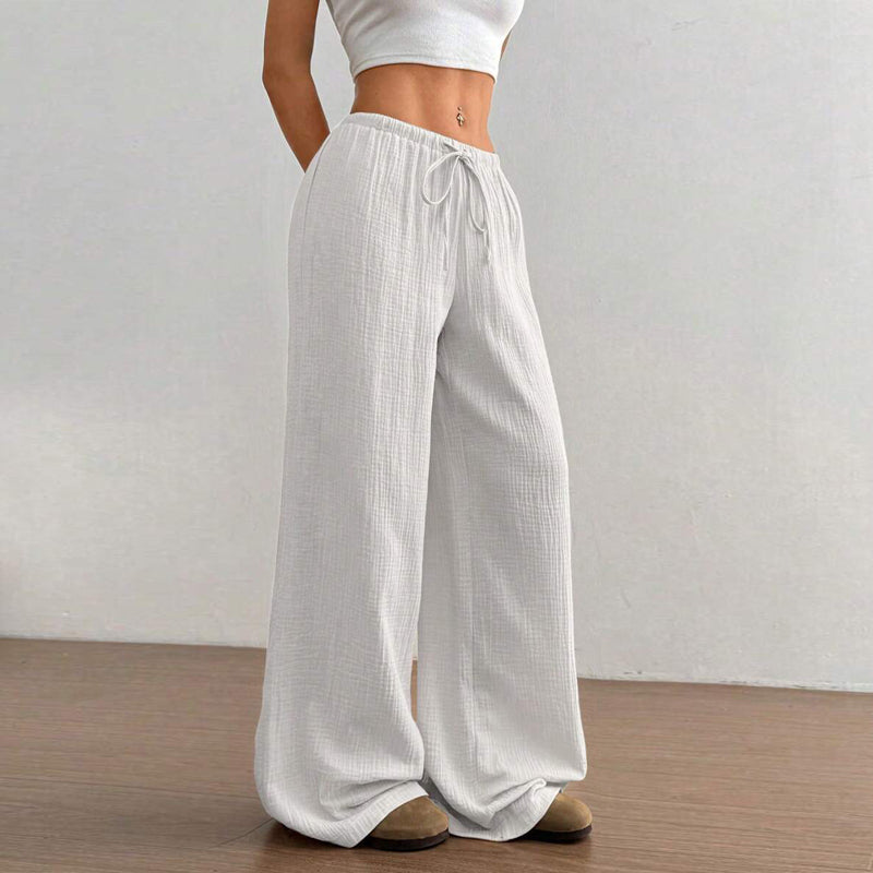 Plus Size Women's Solid Color High-Waisted Wide Leg Pants Drawstring Waist Casual Trousers For Spring And Autumn