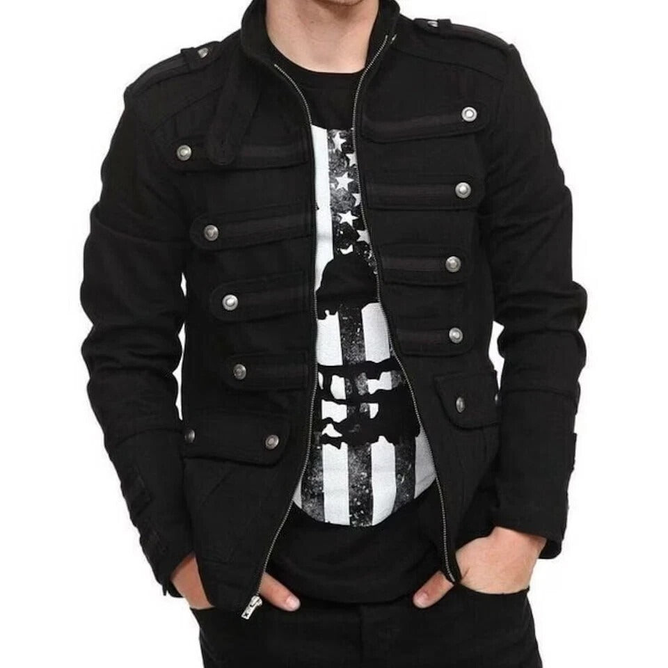 Mens Black Gothic Steampunk Vintage Military Jacket