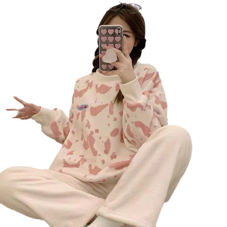 Large Size Pajama Woman Winter Coral Velvet Student Homewear Two-Piece Wearable Round Neck Long Sleeve Long Trousers Flannel Paj