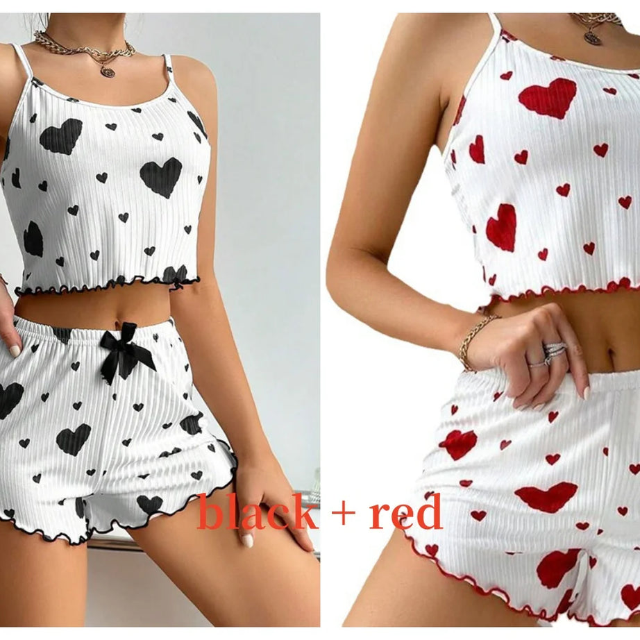 Women's Pajamas Set Sleepwear 2 PCS Short Tank Tops And Shorts S M L White Ventilate Soft Casual Love Printing