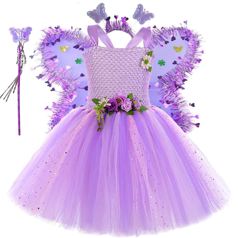 Purple Flower Fairy Elf Girls' Tulle Princess Children's Wings Fairy Role-Play Dress