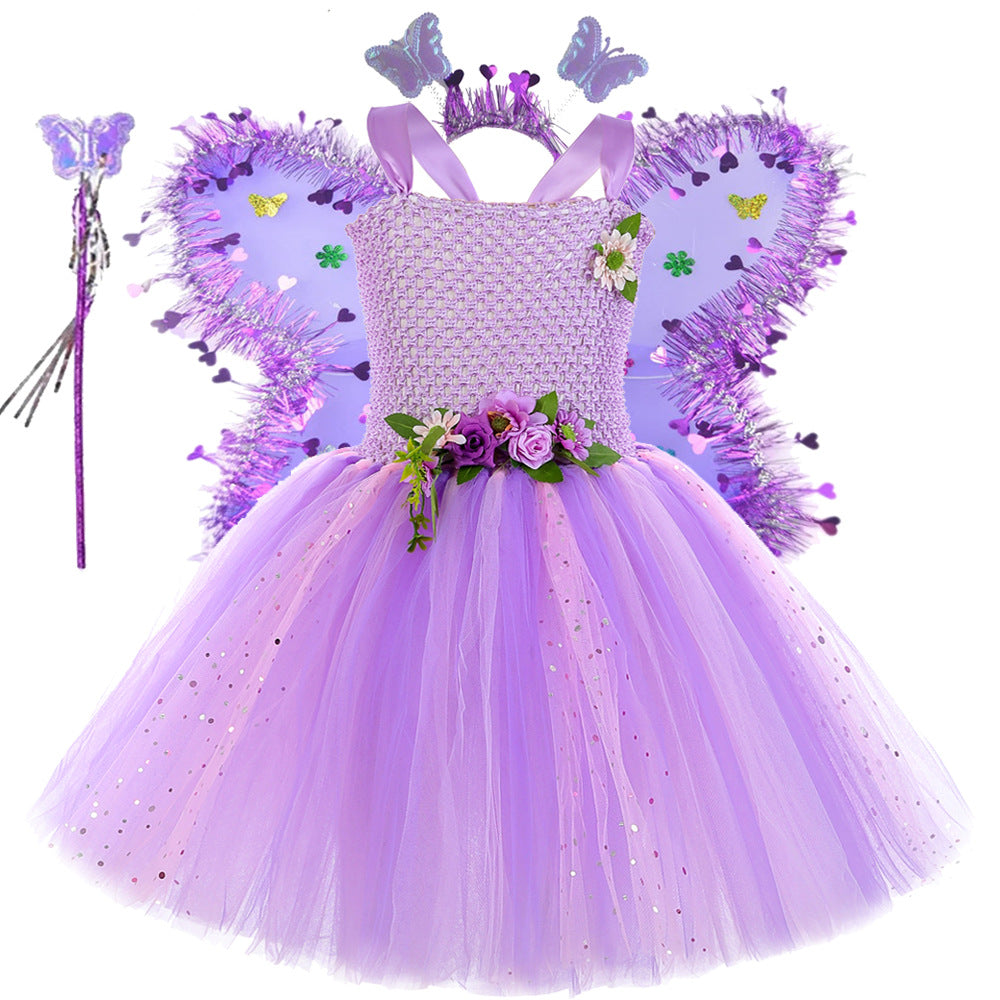 Purple Flower Fairy Elf Girls' Tulle Princess Children's Wings Fairy Role-Play Dress