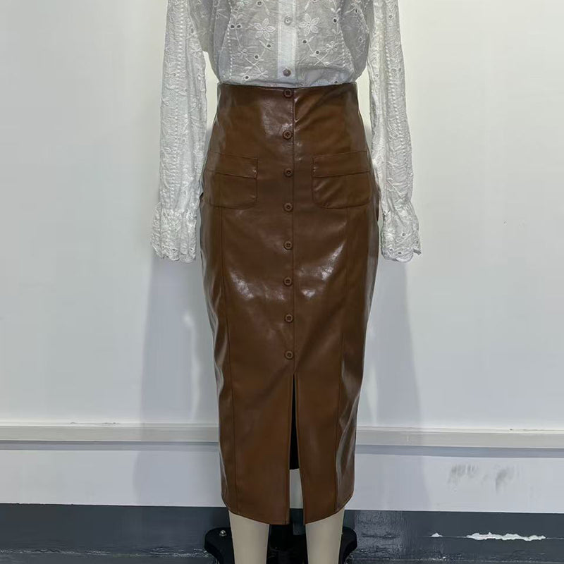 Women's Faux Leather Bodycon Skirt - High Waisted Slim Fit Midi Skirt With Front Slit & Button Decor