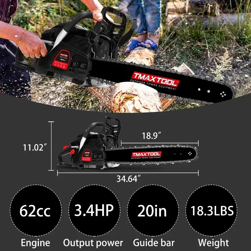 TMAXTOOL 62cc Powerful 20 Inch Gas Chainsaw With 2 Stroke Perfect For Pruning