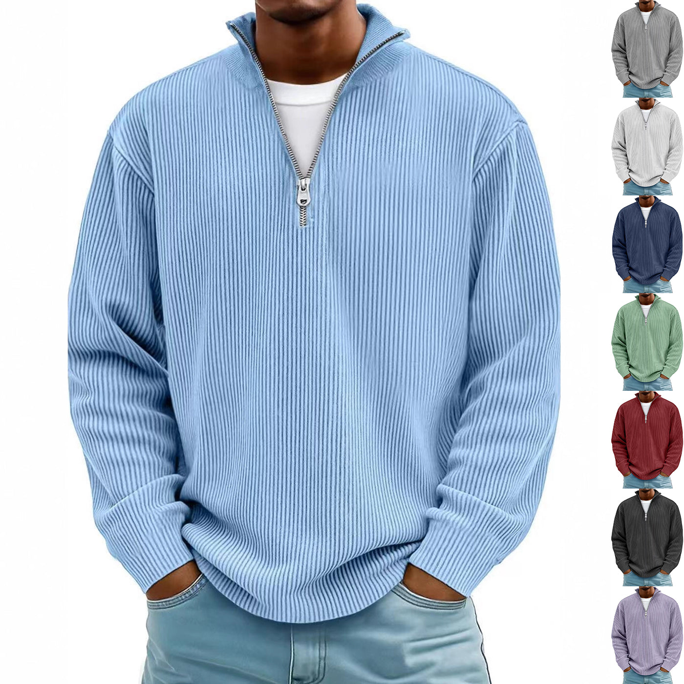 Corduroy Zipper Stand Collar Sweatshirt Fashion Warm Solid Color Long Sleeve Top Men's Casual Polo Shirt Clothing