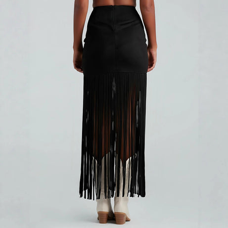 Women's Suede-Look Maxi Skirt With Fringe Hem, Western Bohemian Style Skirt For Spring And Summer