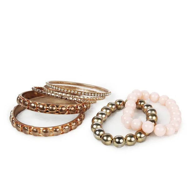 7-Piece Retro Burnished Gold Inlaid Rhinestones Bangle Bracelet Set
