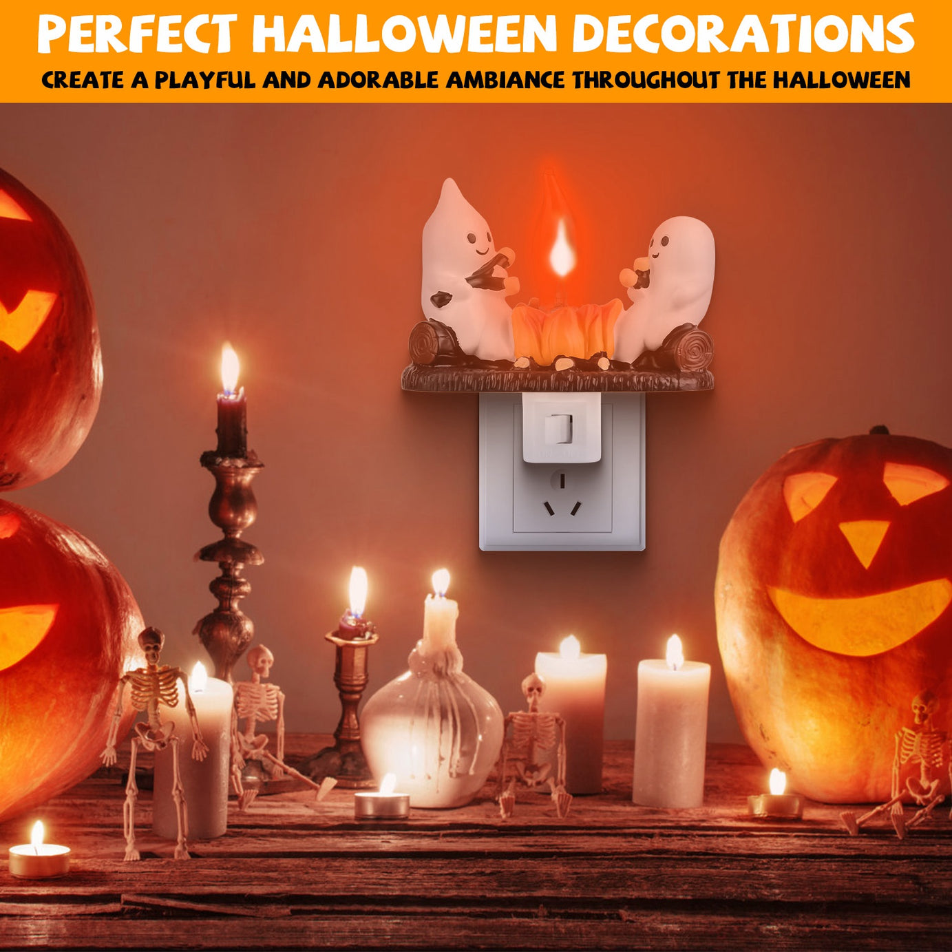2Pcs Ghost Campfire Flickering Flame Night Light Indoor 3D Funny Halloween Nightlight Decoration Bedroom Night Light Halloween Decoration Gift For Friend Family