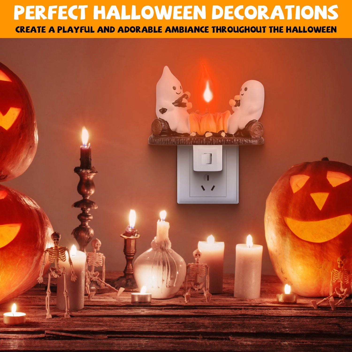 2Pcs Ghost Campfire Flickering Flame Night Light Indoor 3D Funny Halloween Nightlight Decoration Bedroom Night Light Halloween Decoration Gift For Friend Family