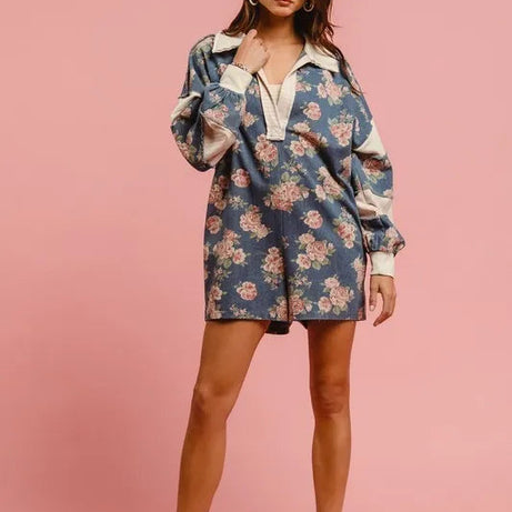 BiBi Washed Floral Denim Romper With Contrast Collar