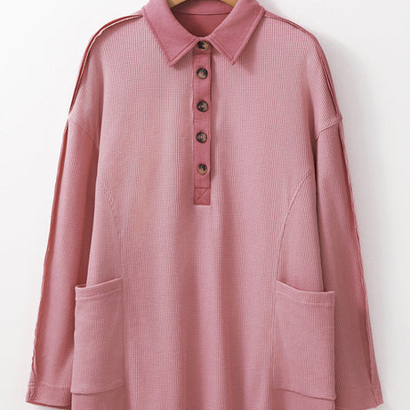Pink Waffle Long Sleeve Collared Half Button Relaxed Fit Top