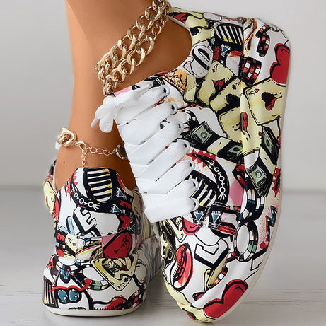 Women's Casual Round Toe Thick Sole Lace-Up Sneakers, Random Print Design, Comfortable Sporty Shoes For Daily Wear
